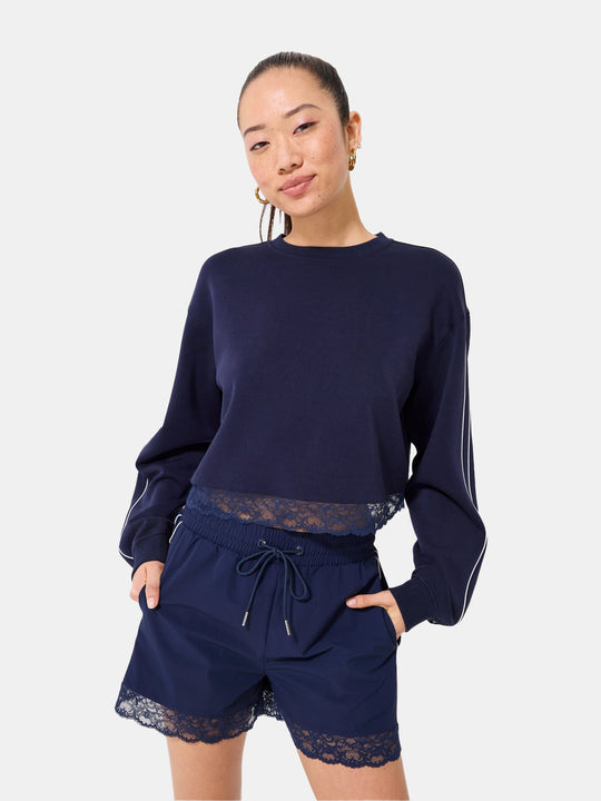 Lace Trim Crew in Navy