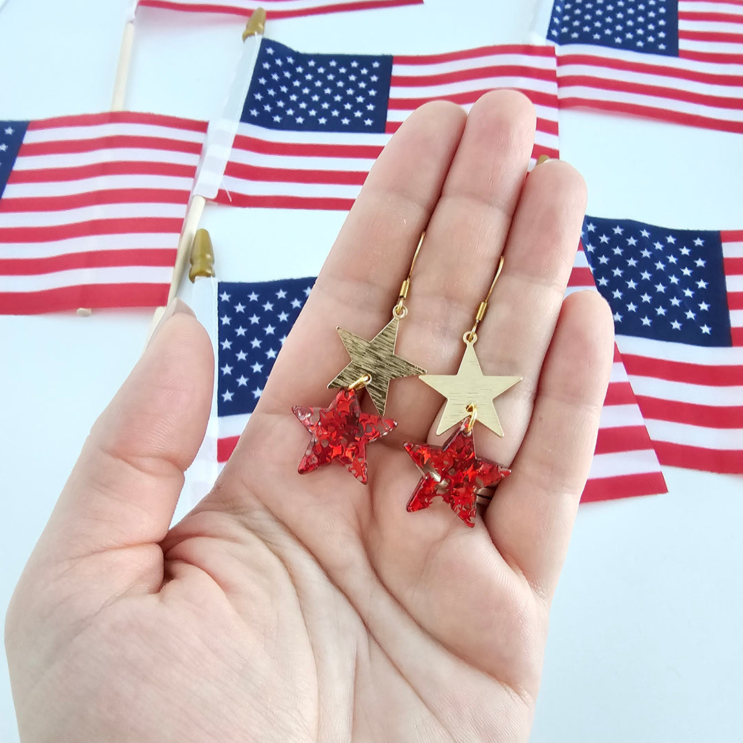 Starry Earrings - Red Glitter