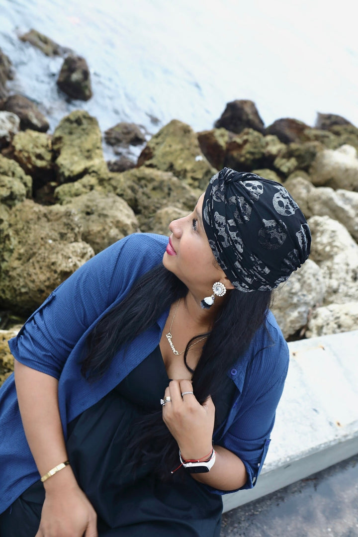 CRT - Black Silver Velvet Skull Turban