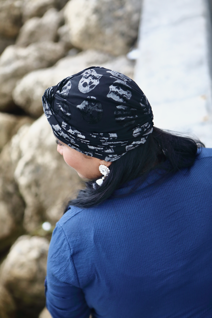 CRT - Black Silver Velvet Skull Turban