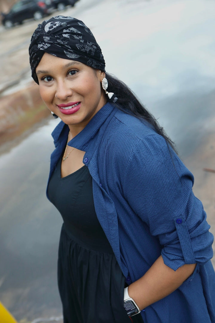 CRT - Black Silver Velvet Skull Turban