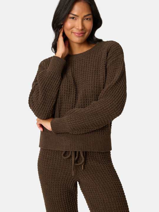 Chenille Waffle Long Sleeve Chocolate Top