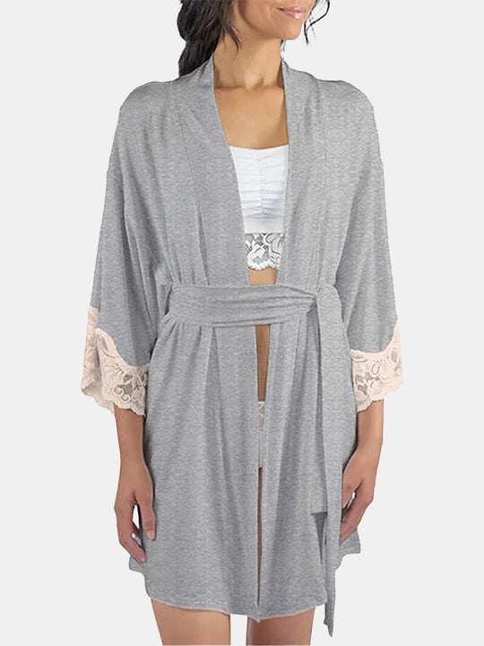 Calla Modal Kimono with Lace, Champagne / Heather Grey