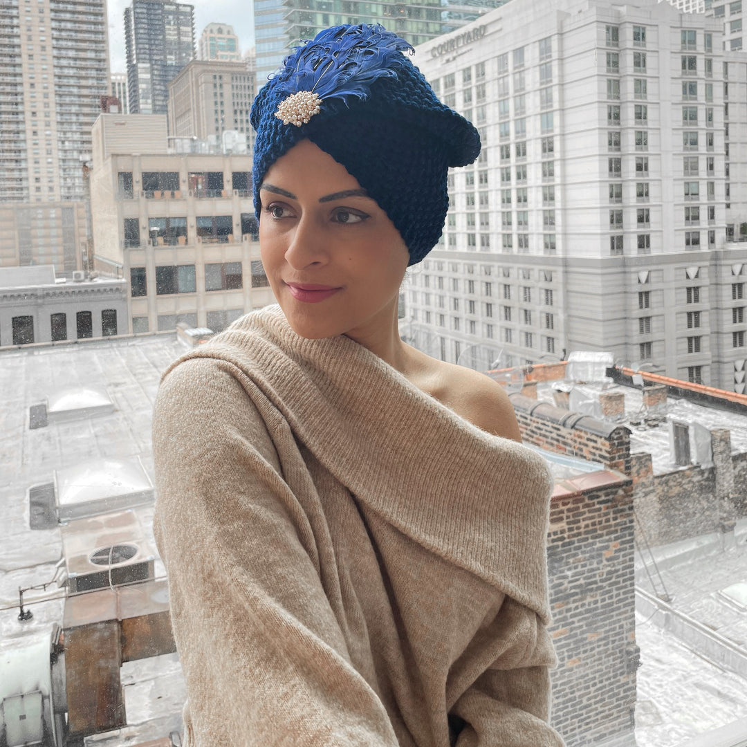 CRT - Knit Turban Feathers Pearls