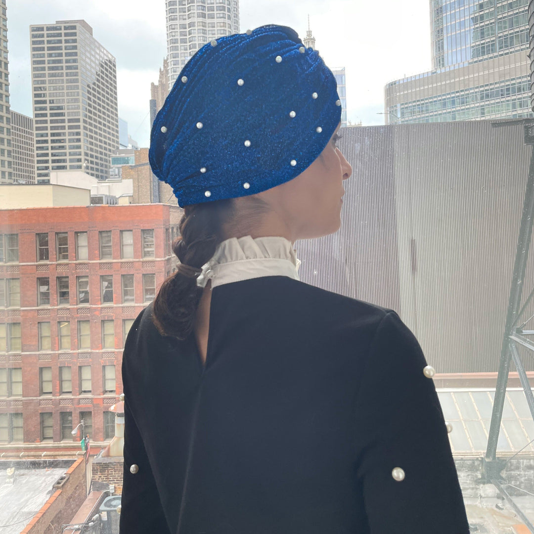 CRT - Semi-Sheer Shimmery Pleated Turban with Pearls