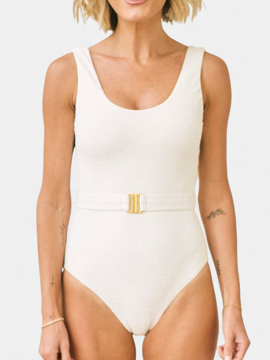 Joan Belted One-Piece Swimsuit in White Haze