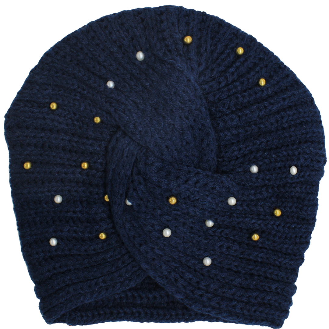 CRT - Knit Turban Twist Knot Pearl Gold Beads