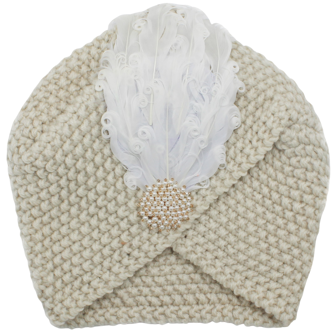 CRT - Knit Turban Feathers Pearls