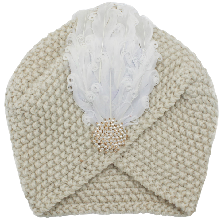 CRT - Knit Turban Feathers Pearls