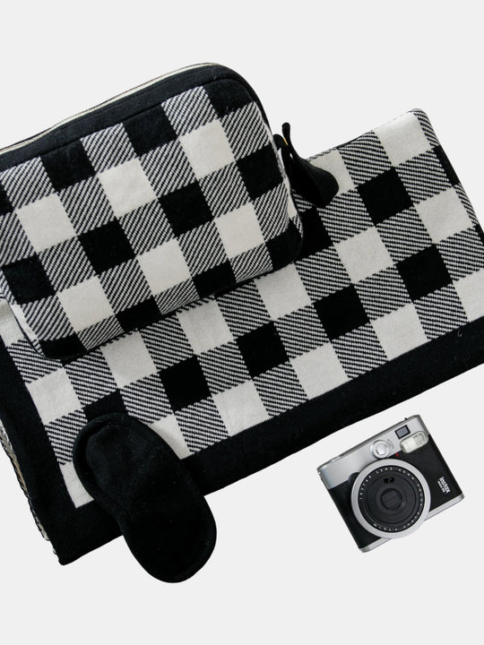 Plaid Organic Cotton Travel Blanket and Eye Mask Set
