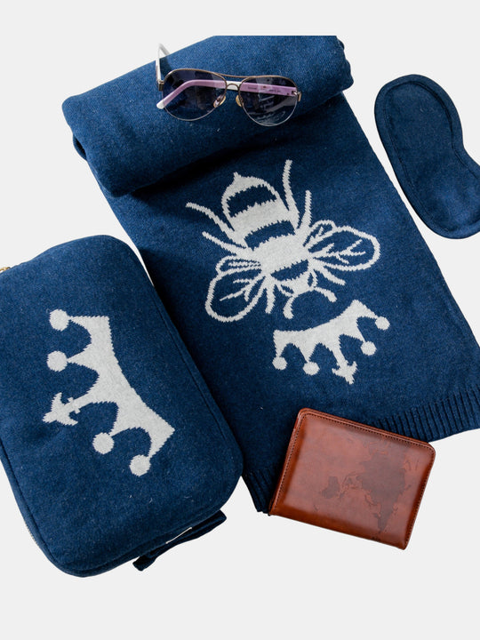Queen Bee Organic Cotton Travel Blanket and Eye Mask Set - Navy/Vanilla