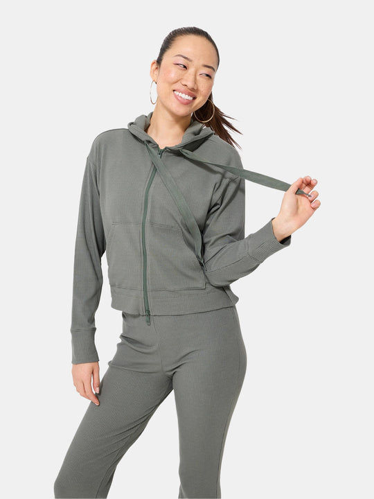 Rib Crop Hoodie in Moss