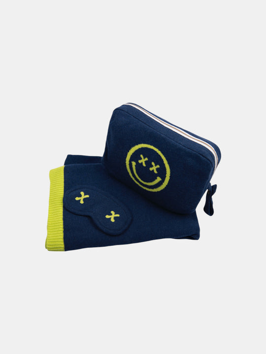 Smiley Cross Eyed Organic Cotton Travel Blanket and Eye Mask Set - Navy/Neon Yellow