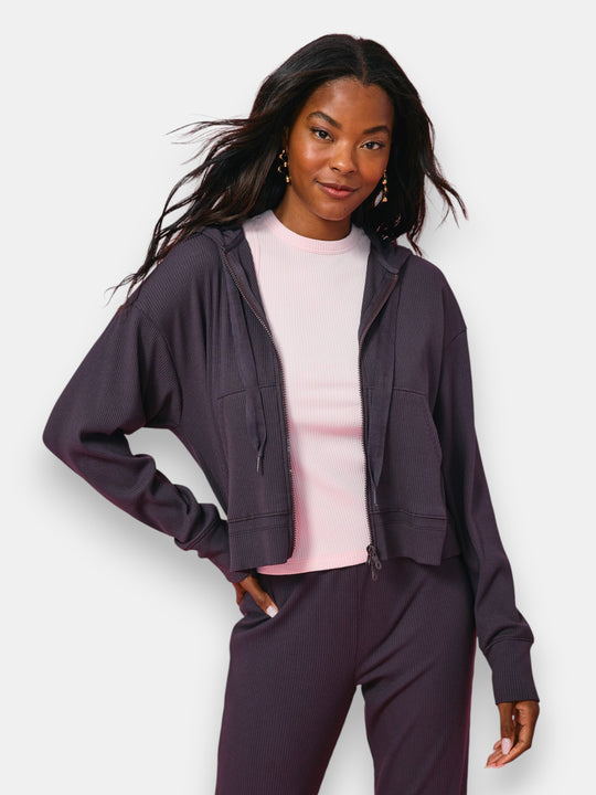 Rib Crop Hoodie in Mocha