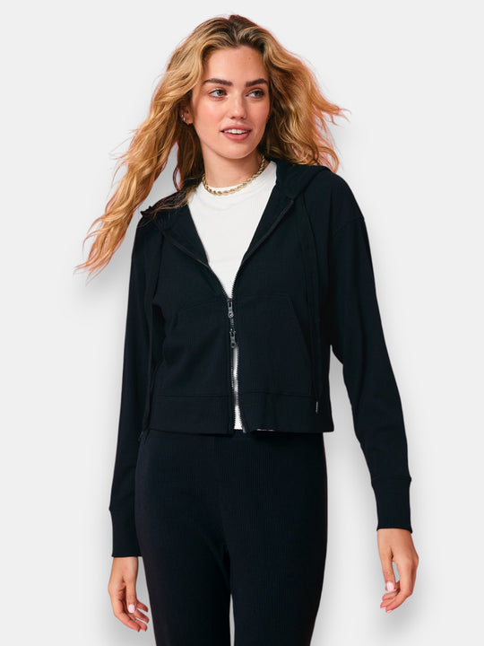 Rib Crop Hoodie in Black