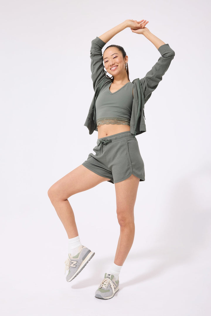 Rib Crop Hoodie in Moss