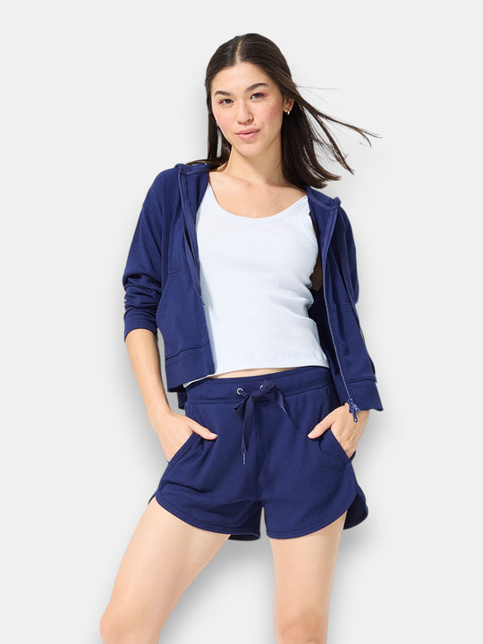 Rib Crop Hoodie in Navy