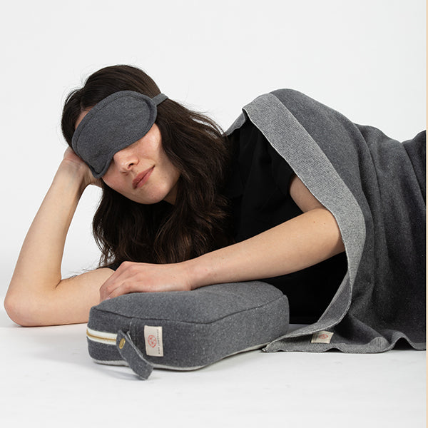 Reversible Solid Organic Cotton Travel Blanket and Eye Mask Set