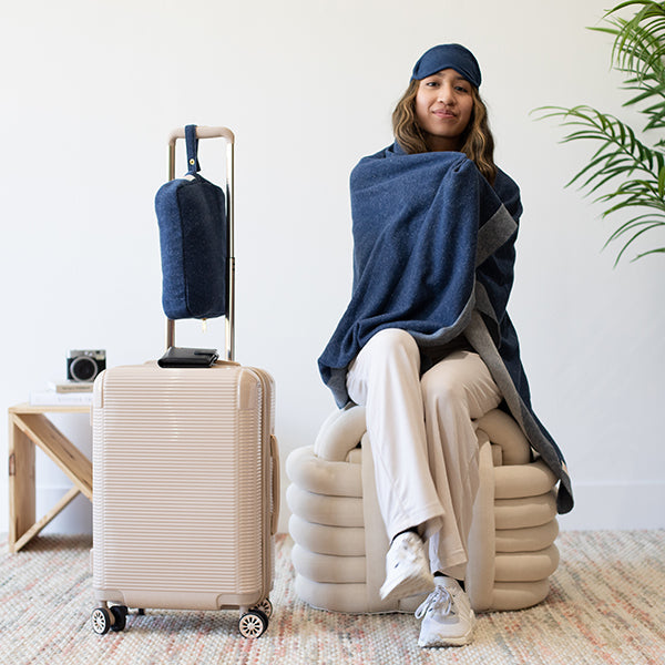 Reversible Solid Organic Cotton Travel Blanket and Eye Mask Set