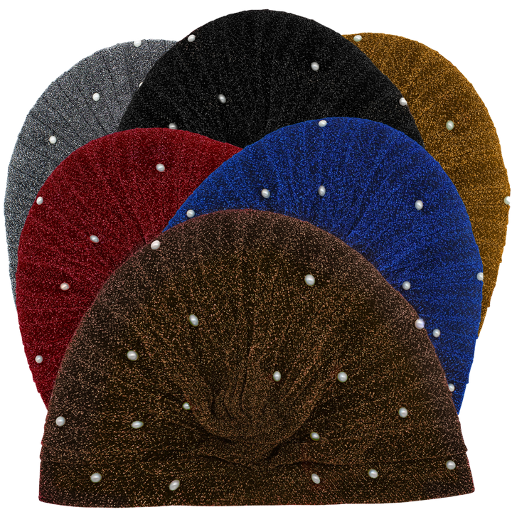 CRT - Semi-Sheer Shimmery Pleated Turban with Pearls