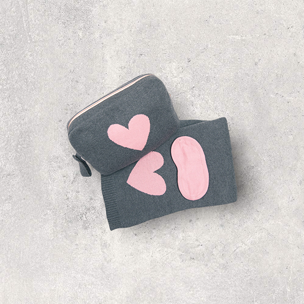 Hearts Reversible Organic Cotton Travel Blanket and Eye Mask Set