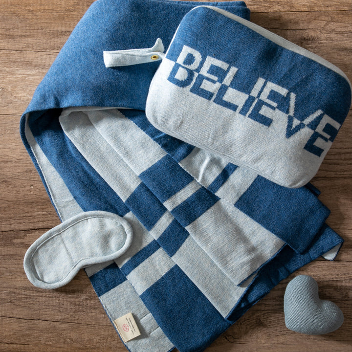Dual Believe Organic Cotton Travel Blanket and Eye Mask Set - Marine/Sky Blue
