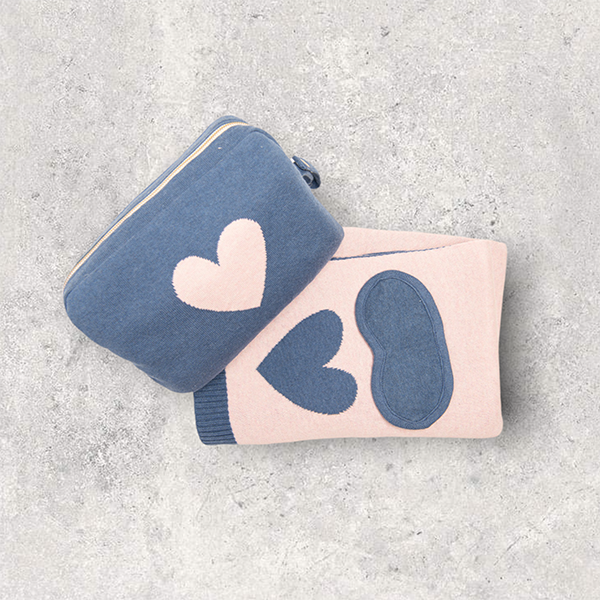 Hearts Reversible Organic Cotton Travel Blanket and Eye Mask Set