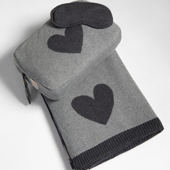 Hearts Reversible Organic Cotton Travel Blanket and Eye Mask Set