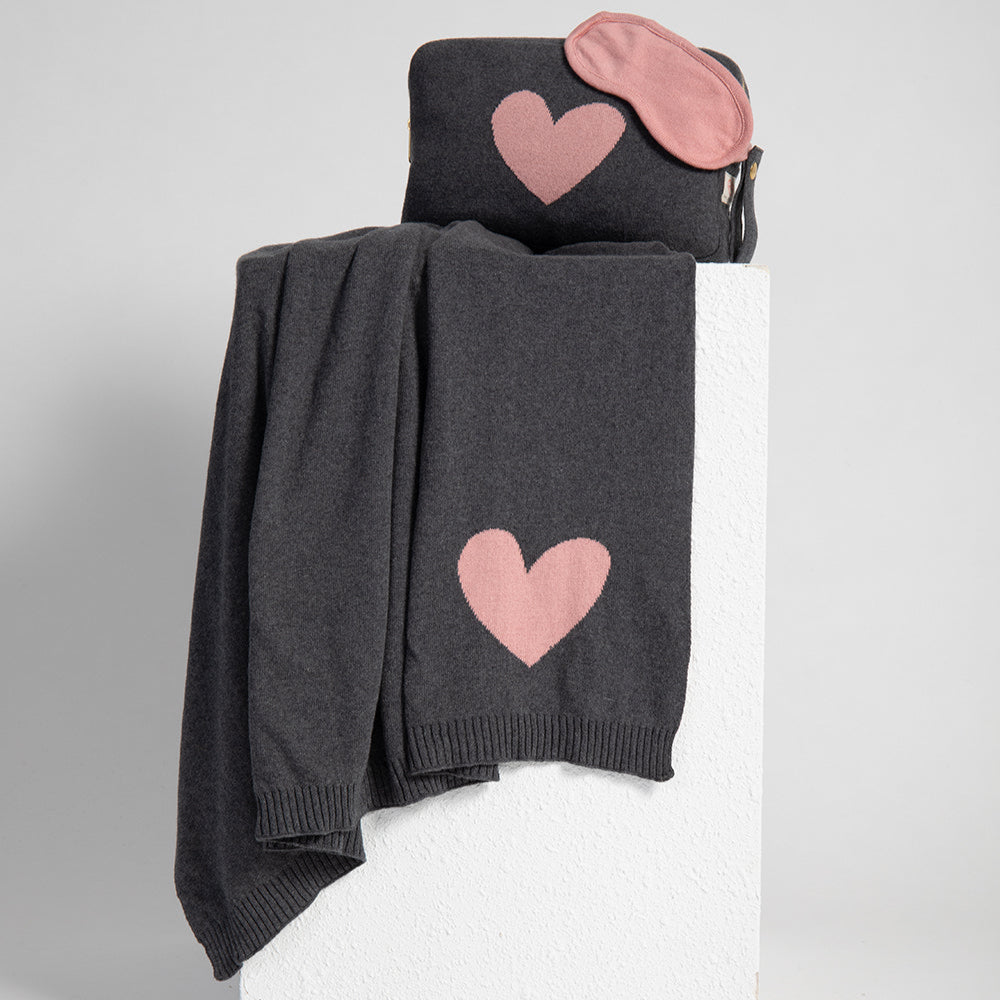 Hearts Reversible Organic Cotton Travel Blanket and Eye Mask Set