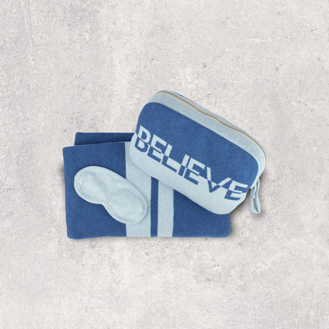 Dual Believe Organic Cotton Travel Blanket and Eye Mask Set - Marine/Sky Blue