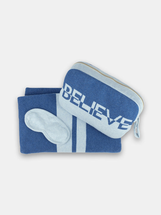 Dual Believe Organic Cotton Travel Blanket and Eye Mask Set - Marine/Sky Blue