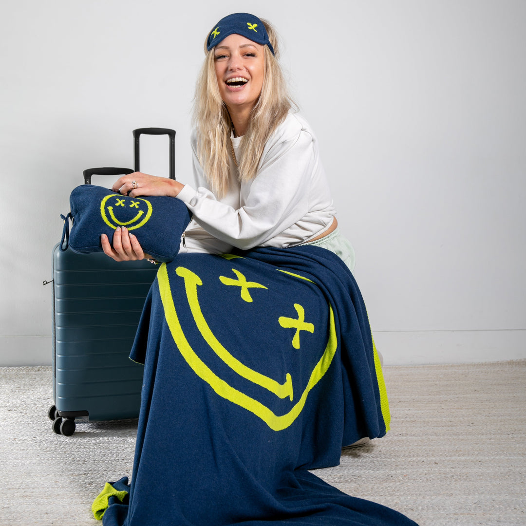 Smiley Cross Eyed Organic Cotton Travel Blanket and Eye Mask Set - Navy/Neon Yellow