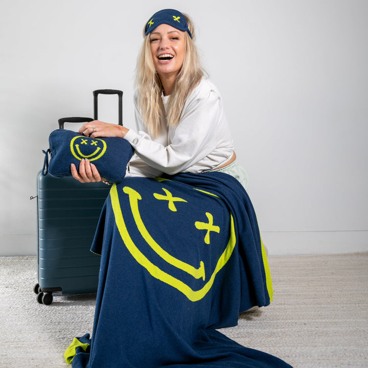 Smiley Cross Eyed Organic Cotton Travel Blanket and Eye Mask Set - Navy/Neon Yellow