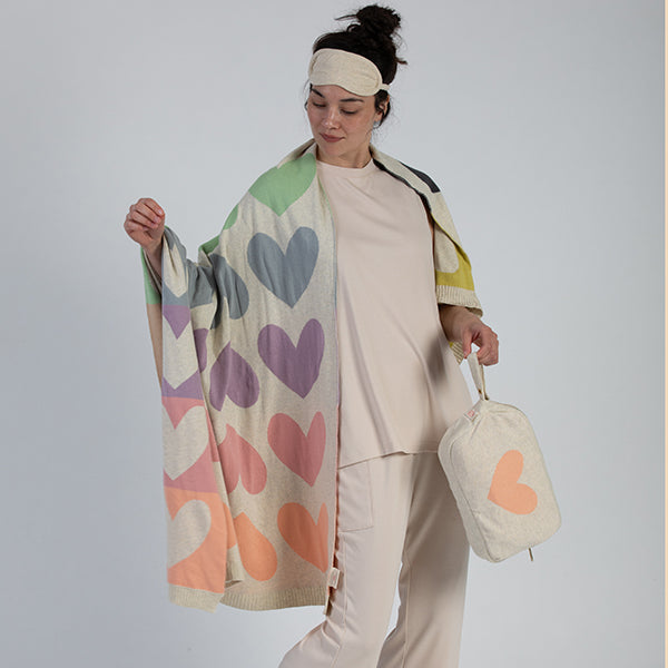 Blush Hearts Organic Cotton Travel Blanket and Eye Mask Set
