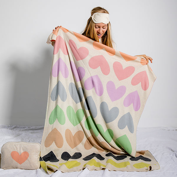 Blush Hearts Organic Cotton Travel Blanket and Eye Mask Set