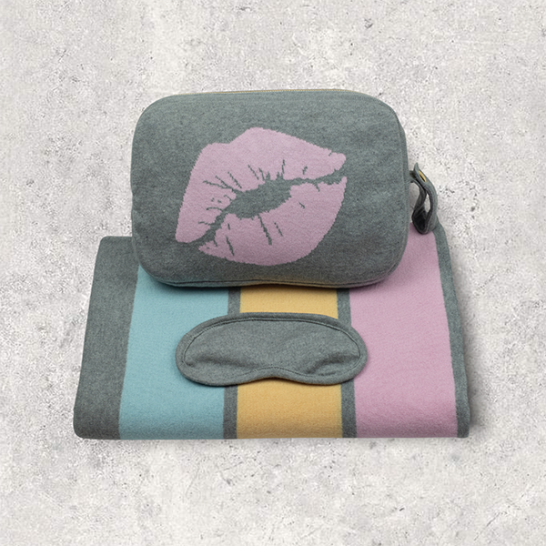 Kiss Lips Organic Cotton Travel Blanket and Eye Mask Set