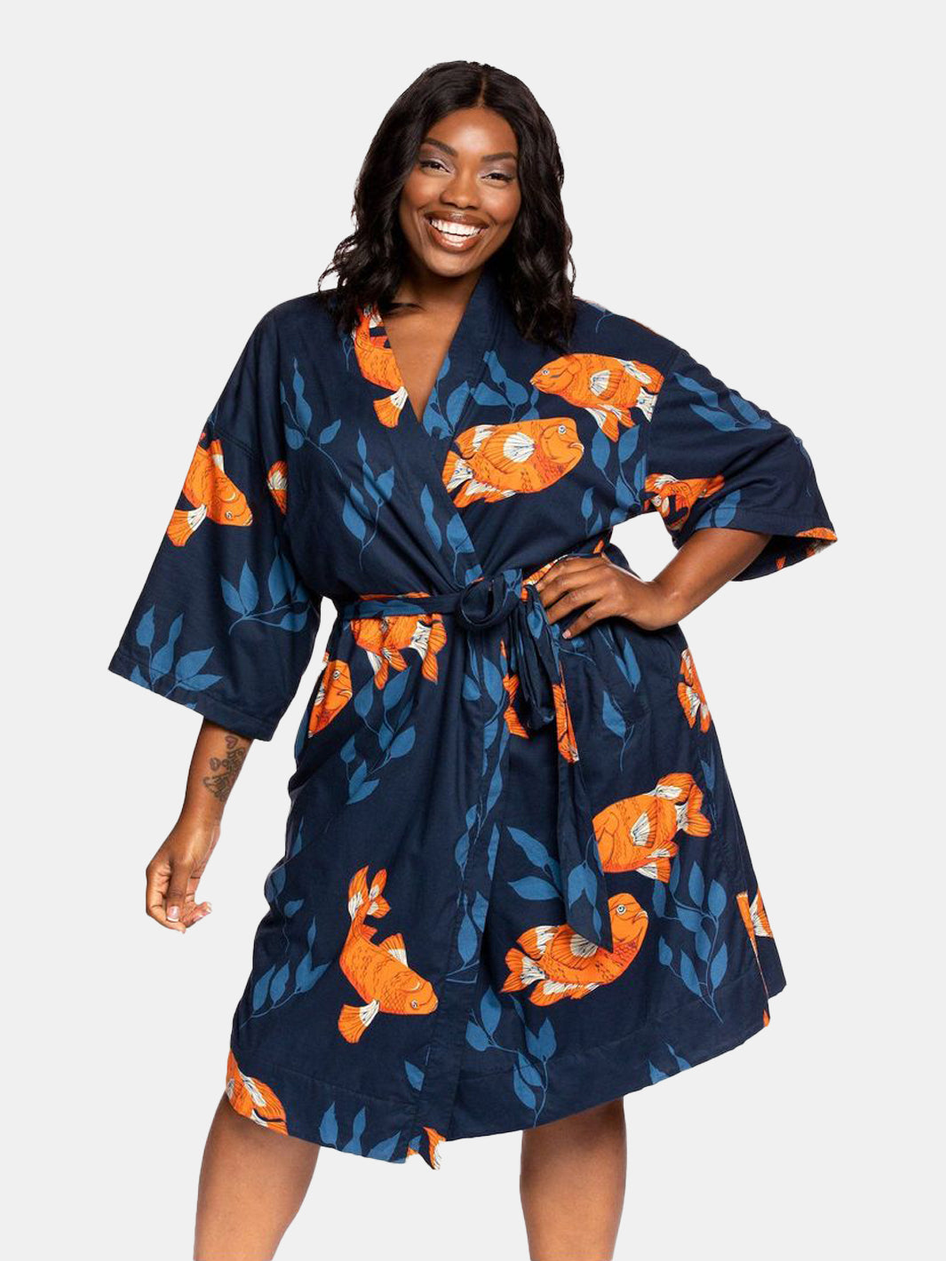 Women’s La Sirena Robe - Garibaldi Fish, Farallon Navy