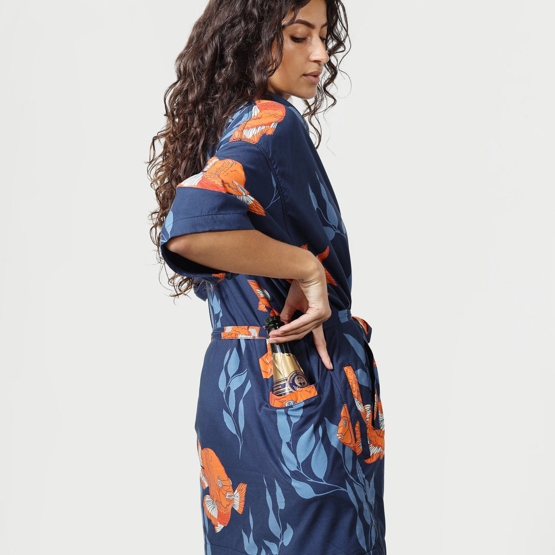 Women’s La Sirena Robe - Garibaldi Fish, Farallon Navy