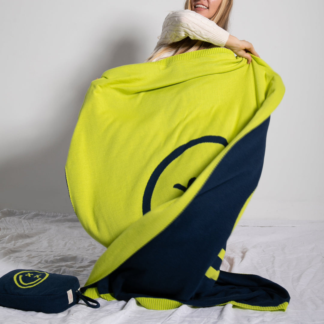 Smiley Cross Eyed Organic Cotton Travel Blanket and Eye Mask Set - Navy/Neon Yellow