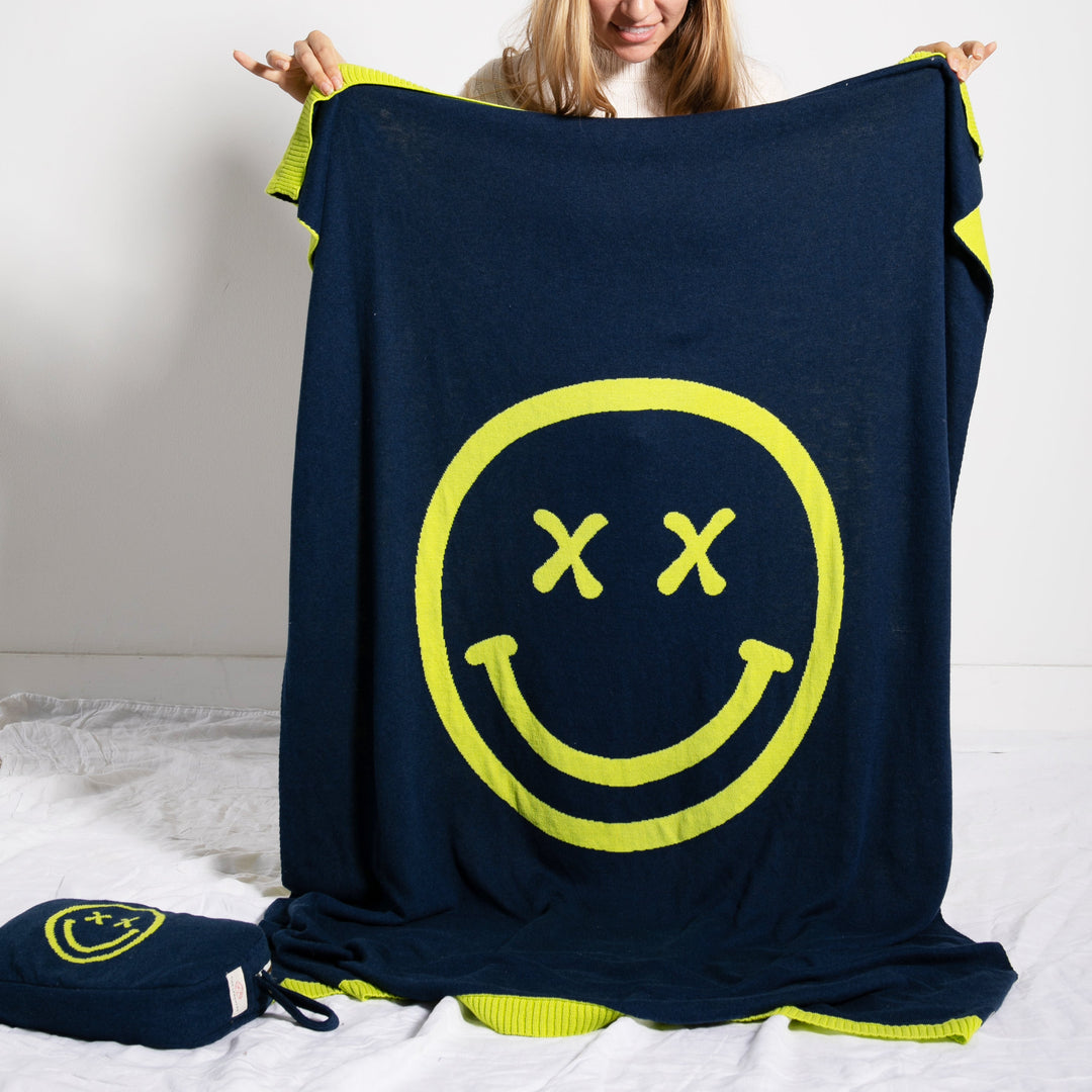 Smiley Cross Eyed Organic Cotton Travel Blanket and Eye Mask Set - Navy/Neon Yellow
