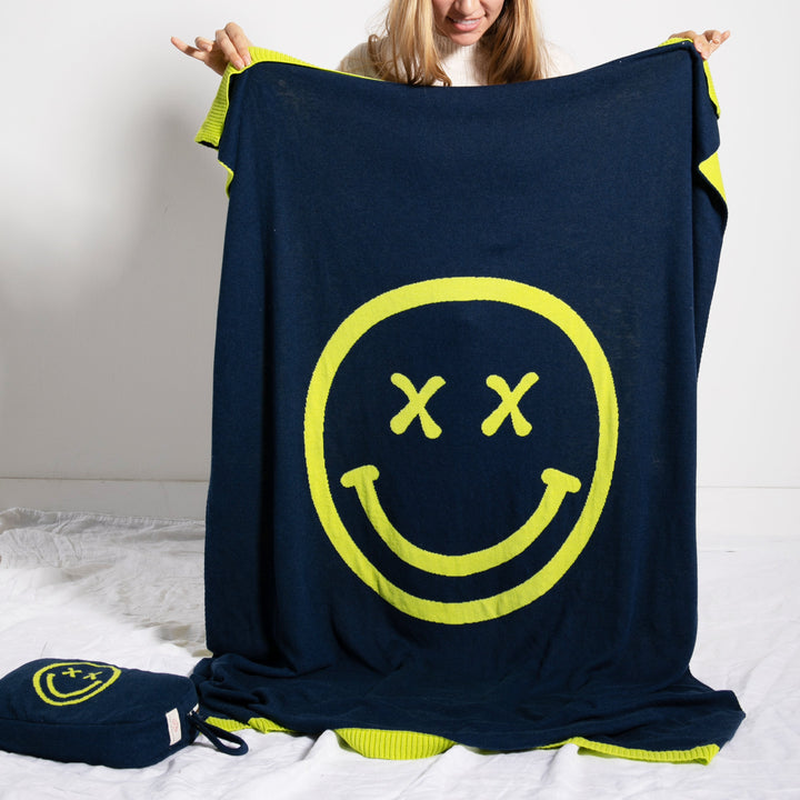 Smiley Cross Eyed Organic Cotton Travel Blanket and Eye Mask Set - Navy/Neon Yellow