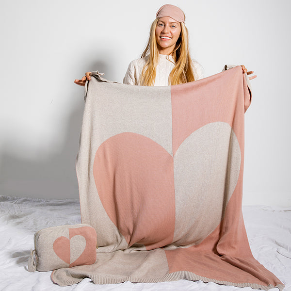 Dual Hearty Heart Organic Cotton Travel Blanket and Eye Mask Set